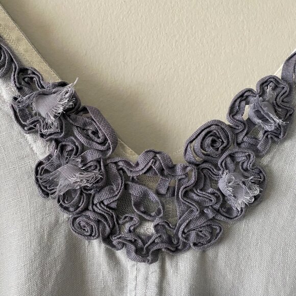 Handmade Plus Size 100% Linen Blue Grey Patch Pocket Floral Appliqué Dress - Picture 7 of 16